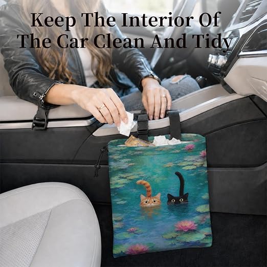 Whimsical Lotus Pond Cat Car Garbage Bag Canvas Trash Can | Orange Black Cat Lovers Gifts Drawstring Car Trash Bag Hanging for Back Seat with Adjustable Buckle