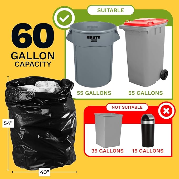 ToughBag 55-60 Gallon Trash Bags (100 Count) – 40’ x 54’ Extra Large Garbage Bags Medium Duty, Industrial & Commercial Black Trash Bags - Made in USA