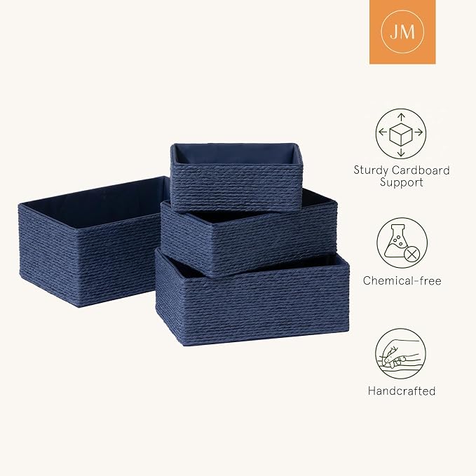 LA JOLIE MUSE Bathroom Basket Organizers, Paper Rope Storage, Blue 4 Pack | Stackable, Sturdy Lined Woven Basket, Organizer for Toilet Paper, Laundry Room Essentials, Shelves and Nightstand Drawers