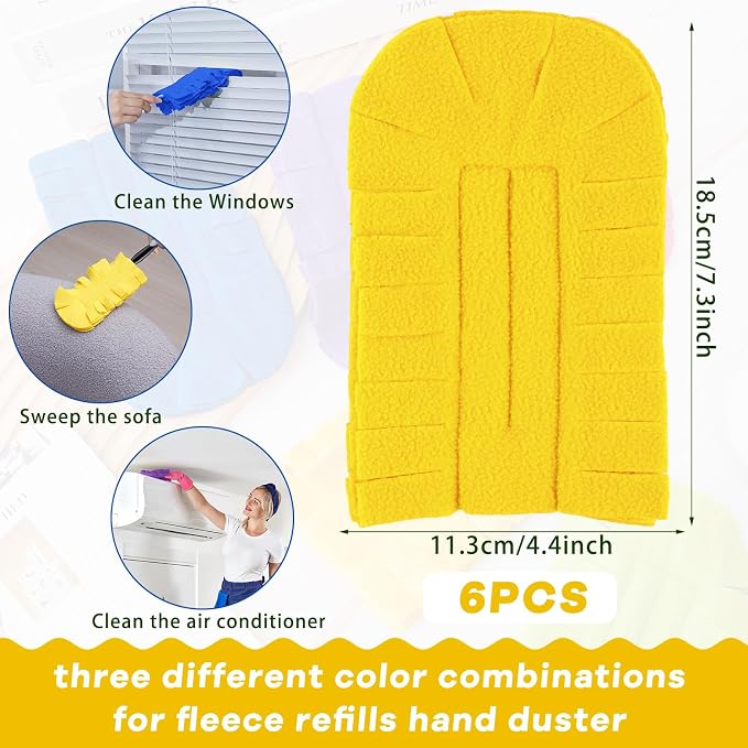 Zubebe 6 Pcs Reusable Duster Refills Fleece,Blue, Yellow, Purple | Soft Polyester Fiber Flat Duster Refill Multi Surface Washable Cleaning Pad Tools for Home, Blinds, Car, Pet, Furniture, Fans