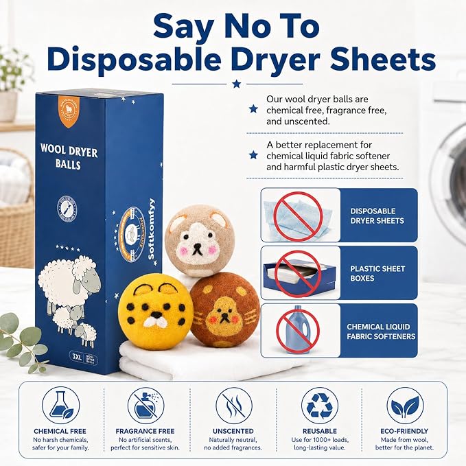Wool Dryer Balls Handmade 3 Pack XL, Laundry Dryer Balls,100% New Zealand Wool Natural Fabric Softener,Reusable 1000 Loads,Wrinkles Free, Shorten Drying Time,Baby Safe (3 Pack XL,Zoo Friends) | 100% Hand-Embroidered