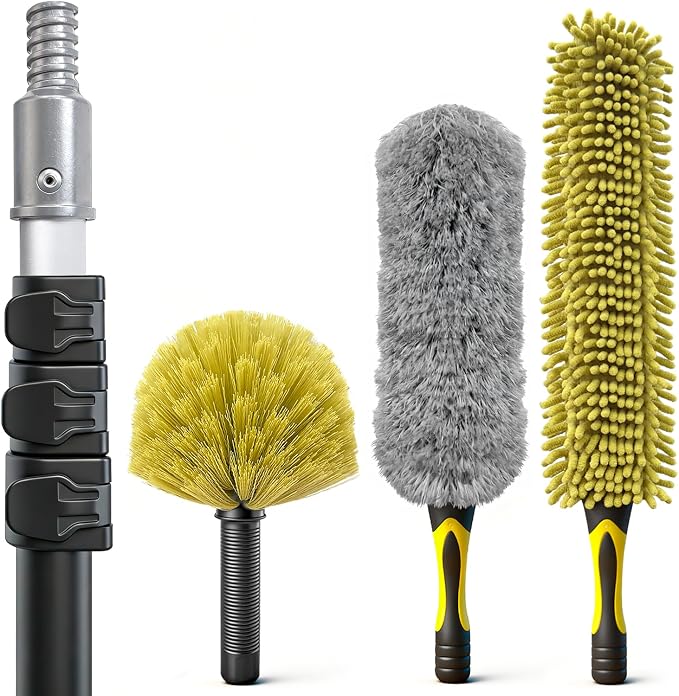 4-in-1 4-12Ft 4-Stage Telescoping Extension Pole Kit for Cleaning | Feather Dusters with Bristles for Outdoor Indoor, 4-Stage Spider Web Remover with Telescopic Pole for Ceiling Wall Yellow