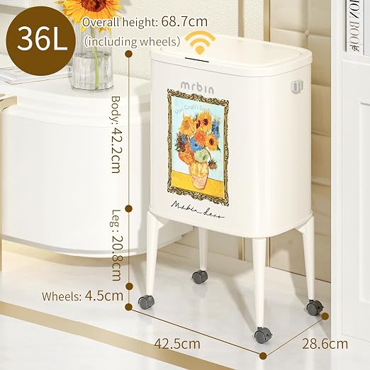 MRBIN Metal Motion Sensor Kitchen Trash Can with Wheel Legs, 36L / 9.5gal Slim Waste Basket with Lid, Pet Proof Tall Narrow Garbage Pail for Vanity, Bedroom, Bathroom, Living Room, Sunflower