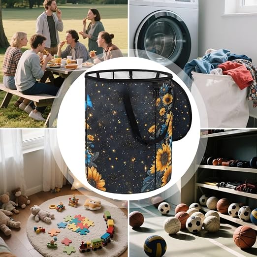 BIGCARJOB Sunflower Butterfly Camping Trash Can Outside Recycling Bin 22.83x17.71 in, Large Trash Can Pop Up Rubbish Bins with Clip and Zipper Lid(23 Gallons)