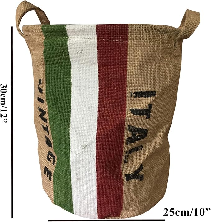 Burlap Waste Basket Vintage, Round Jute Organizer with Handles | Small Recycling Bin for Paper, Bottles & Cans, Rustic Home Office Decor, Italian Flag Design, Souvenir Gift 10" Dia. X 12" H
