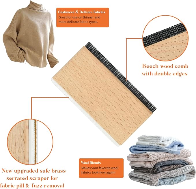 Cashmere Comb, Double Edge Sweater Pill Remover for Wool & Fabric 1PCS | Beech Wood Sweater Shavers to Remove Pilling,Pilling Remover for Clothes, Fuzz Lint Remover for Cashmere & Home Textiles