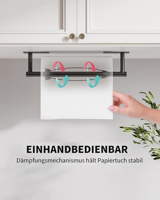 Black Paper Towel Holder Under Cabinet with Damping Self Adhesive | 304 Stainless Steel Post Pivoting Design Wall Mounted & No Drilling, Single Hand Operable for Kitchen Bathroom, Square Base
