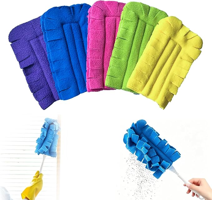 Reusable Duster Refills, 5 Pack Washable Fleece Dusting Pads & 1 Hand Duster, Heavy Duty 360° Microfiber Duster Refills for Furniture, Ceiling Fans, Blinds, Shelves & Home Cleaning