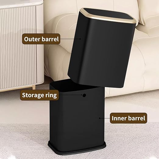 2 Gallon Small Office Bathroom Trash Can with Swing Lid,Living Room Bedroom Garbage can Wastebasket bin,Inner Bucket, Metal Decor Trash Can (Black Gold)