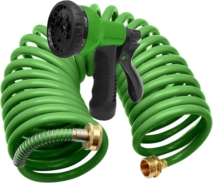 25ft EVA Garden Hose | Curly Water Hose Coil, Corrosion Resistant, 7-Pattern Function Sprayer, Retractable for Outdoors Lawn Car Washing