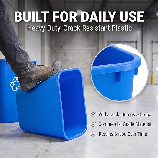 10 Pack, Recycle Wastebasket, 41 Qt./10 Gallon Rectangular Wastebasket / Trash Can Kit - Space Saving Recycling Bin, Narrow Spaces in Commercial, Kitchen, Home, Office, and Dorm - Black and Blue