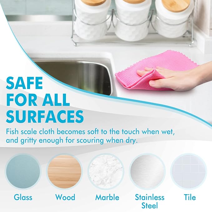 Streak Free Miracle Cleaning Cloths Easy Clean Nanoscale,Fish Scale Microfiber Window Mirror Glass Car Stainless Steel Cleaning,Lint Free Dish cloth Wine Glass Polishing Towel,Reusable,Pack 6,Pink