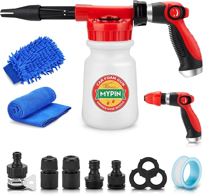 Car Wash Foam Gun/Hose Sprayer, 16 IN 1 Foam Cannon for Car/Garden Cleaning | Adjustable Sprayer with 2.5-6 Bars Foam Blaster, 1L Bottle, Nozzles, Mitten&Towel, 1/2” Quick Connector for Garden Hose