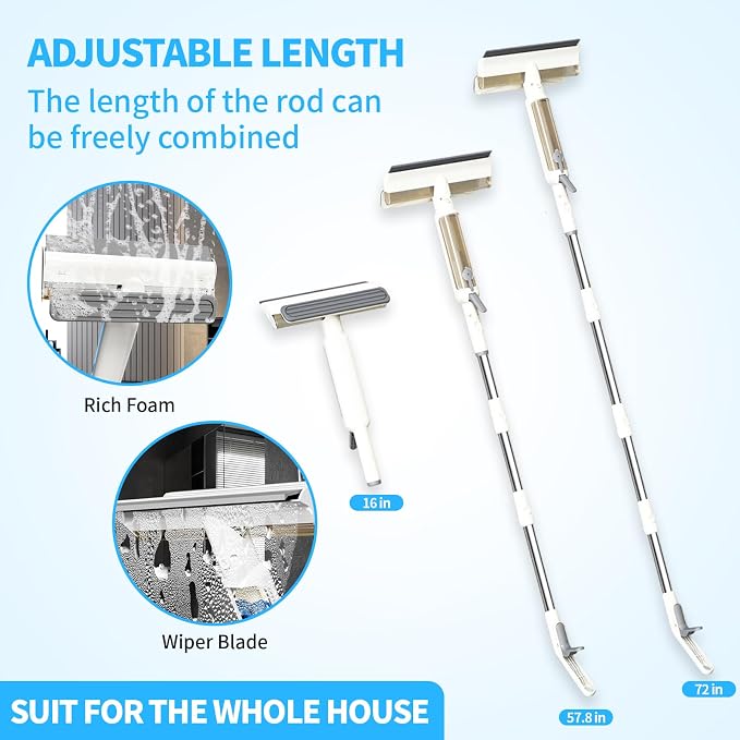 4-in-1 Window Cleaner with Extension Pole & Handle-Controlled Sprayer | 74" Extendable Window Cleaning Kit , Foam Scrubber & Reusable Pads for High Windows, Shower Doors, Mirrors & Car Glass