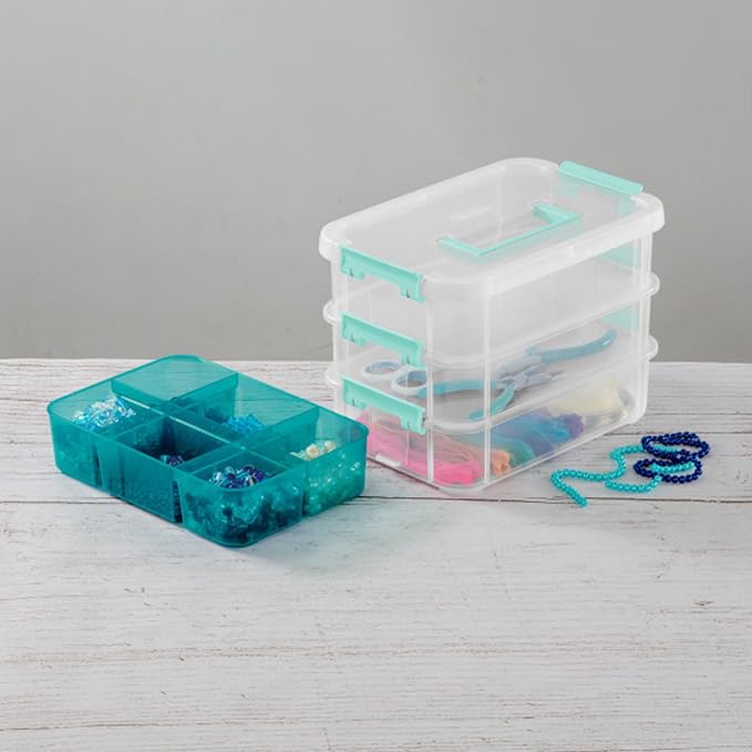 Sterilite 6 Pack Plastic Storage Box Container, 3 Layer, Stack and Carry, Clear/Blue