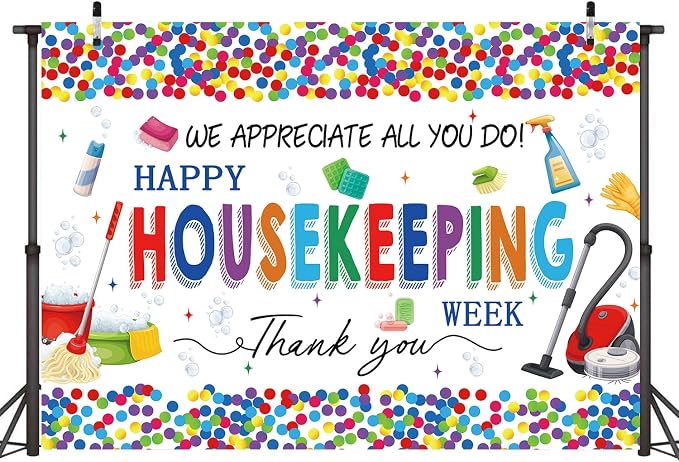 Happy Housekeeping Week Banner Backdrop 8x6FT Thank You Cleaning Staff Background for Housekeeper Appreciation, Environmental Services Week Party Decorations Photo Props