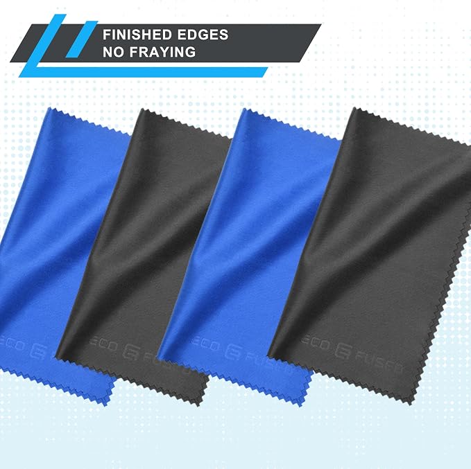 Eco-Fused Large Microfiber Cleaning Cloths - 4 Pack - 18 x 18 inch - Perfect for Wide Screen TVs, Large Computer Monitors- Also for Cleaning Glasses, Camera Lenses, Laptops and LCD Screens- Blue/Black