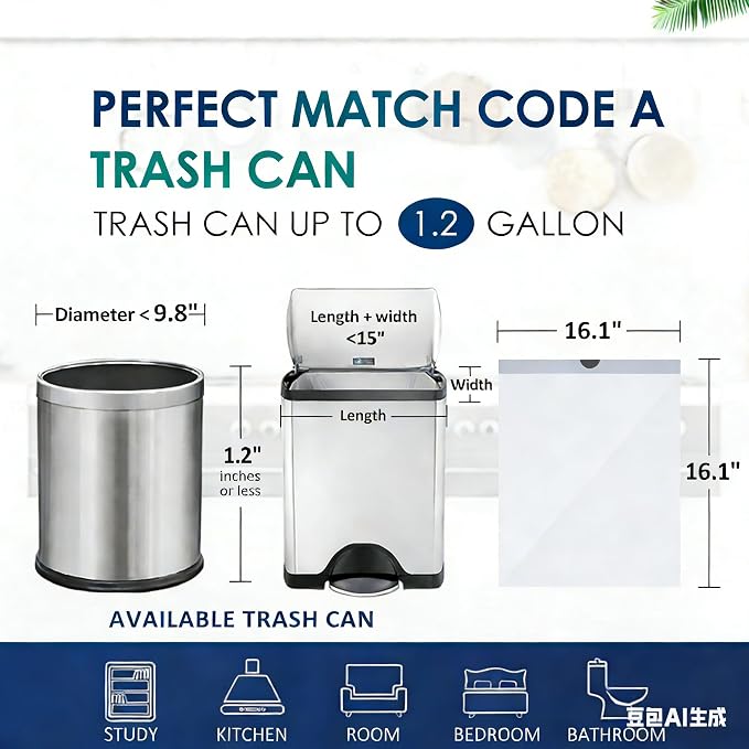 Small Drawstring Trash Bags 1.2 Gallon, White, 120 Count | Waste Basket Liners Fit 4.5-5L GarbageCans, Tear Free,Leak Proof,Sturdy for Home, Office, Bathroom & Bedroom Daily Use
