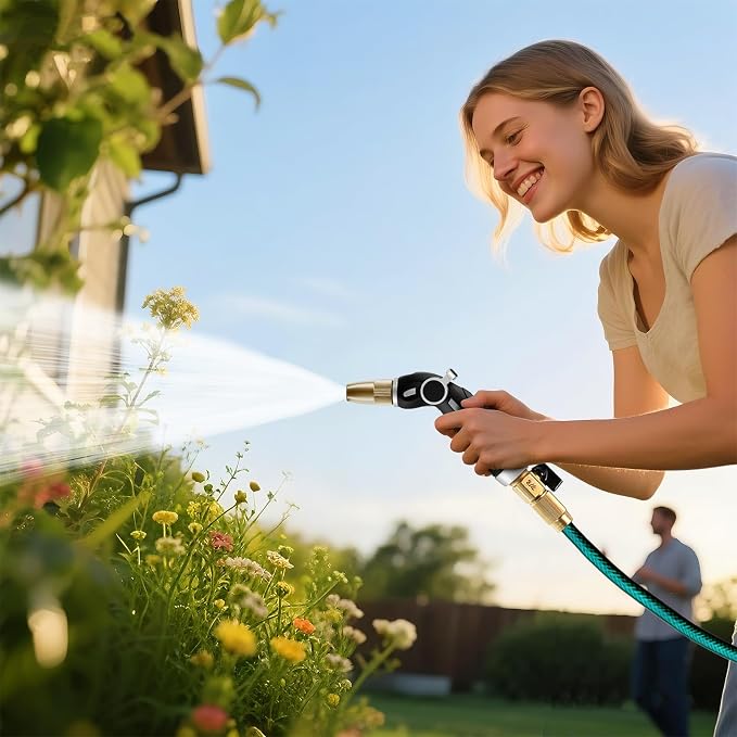 RESTMO Garden Hose Nozzle, Heavy Duty Water Hose Sprayer Nozzle, Silver | Brass Head, Thumb Control, Adjustable 4 Spray Patterns, Leak-proof, Metal Hose Nozzle for Outdoor Lawn & Plant & Car