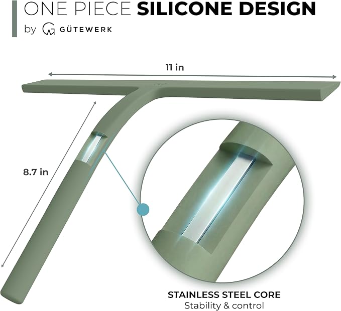 Silicone Shower Squeegee with 3-in-1 No-Drill Mount, Green, 11'' | Squeegee for Glass Doors & Mirrors with Stainless Steel Core, Streak-Free & No-Squeak Window Cleaning, Hook/Suction/Adhesive