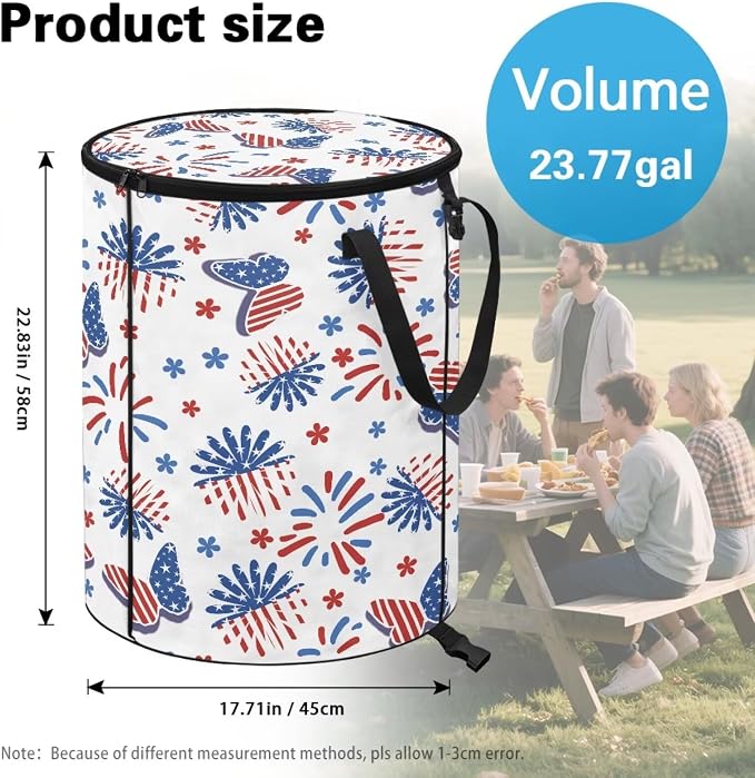 American Flag Butterfly 24 Gallon Collapsible Trash Can Waterproof Outdoor Garbage Can with Lid and Handles for Patio Yard Garden Waste Leaf Reusable Pop-Up Trash Bag