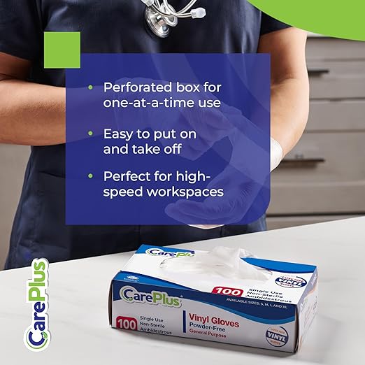 CARE PLUS Vinyl Gloves Clear Small, Disposable Latex Free, 100 Count | Powder free exam grade protection for food service, salons & housekeeping; ambidextrous, tear resistant, comfortable fit