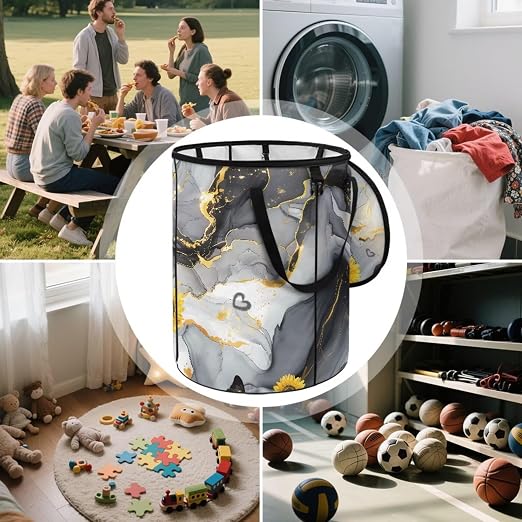 BIGCARJOB Marble Print Collapsible Trash Can Portable Tall Trash Can Oval Recycling Bin 22.83x17.71 Outside Sunflower Garbage Bin Storage Bag with Clip and Zipper Lid