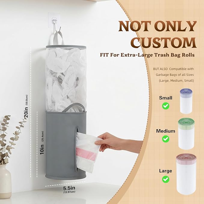 HOUSE AGAIN Bag Saver-Extra Large Plastic Bag Holder Dispenser, Organizer for Grocery Trash Roll,Oxford Machine Washable-Daily Storage Solution for Kitchen/Bathroom/Laundry (Deep Grey-1 Pc)