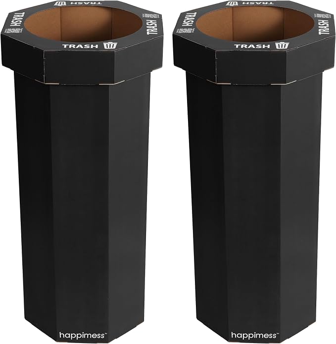 happimess Fleur 25 Gal Trash Can Bin, Charcoal Black, Set of 2 | Event Recycling, Traditional Classic Disposable Corrugated Cardboard, 32" Height, 16" Width, 16" Depth