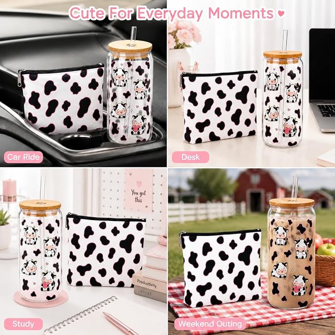 Cow Print Cup - Cow Tumbler with Lid and Straw, Cute Cow Water Bottle with Makeup Bag