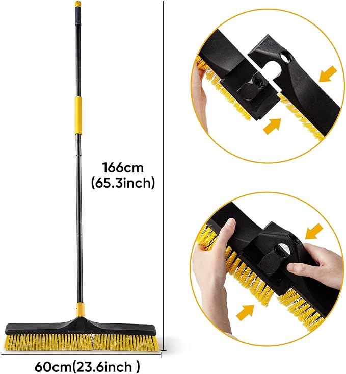 Yocada 24 inch Push Broom Brush 65.3 inch Long Stiff Bristles Heavy-Duty | Outdoor Commercial Broom for Cleaning Bathroom Kitchen Patio Garage Deck Concrete Wood Stone Tile Floor