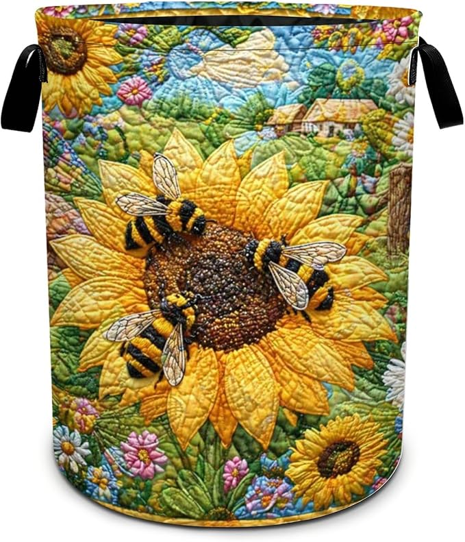Bee Sunflowers Laundry Basket Foldable Oxford Laundry Hamper With Handle For Room Bathroom Bedroom