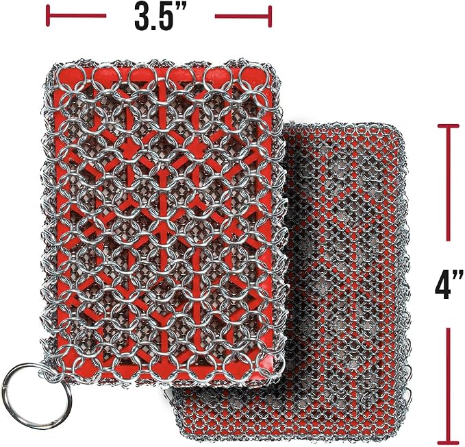 Knapp Made Premium Cast Iron Cleaner, 2-in-1 Combo Chainmail Scrubber with Silicone Core, Heavy Duty & Fine Mesh Rings for Cookware, Skillets and Pots, Premium Cast Iron Cleaner – Red
