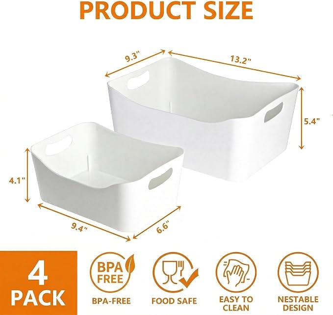 Peohud 4 Pack White Plastic Storage Bins, Pantry Organizer Bin with Handles, Open Storage Organizing Bins for Classroom, Office, Shelves, Cabinet Collection Container Bin, Under Sink Organizer