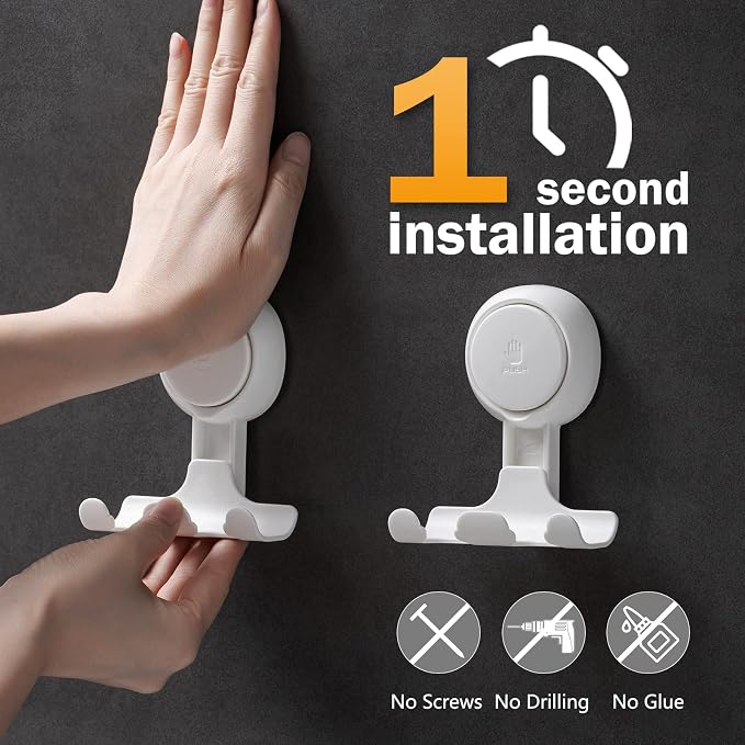 LEVERLOC Razor Holder for Shower 2 Pack, Powerful Suction Cup Hooks, White | No Drill, Powerful Suction Up to 11 lbs, Shower Hook for Bathroom Wall Glass Tile, Removable Holder for Razor Towel Loofah