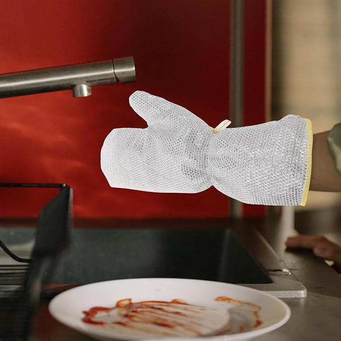 2pcs Long Cuff Waterproof Dishwashing Gloves with Silver Wire Mesh, Heat Resistant Non-slip Kitchen Cleaning Gloves for Oil Protection and Household Washing