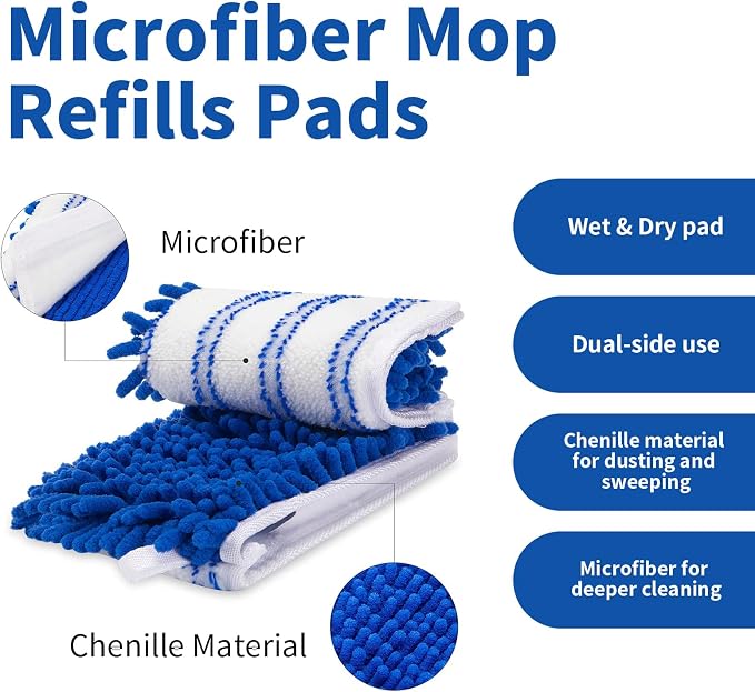 4 Pack Mop Heads Replacements Compatible with O-Cedar Dual-Action Flip Mop | Chenille + Microfiber Mop Refills for Dry/Wet Use, Reusable and Machine Washable Dust Mop Cloths for Hardwood Floor Cleaning