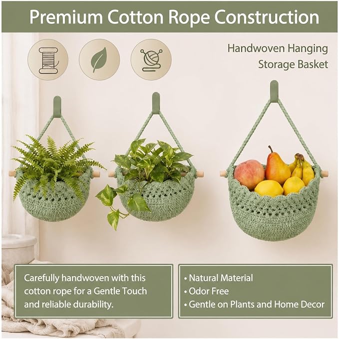 3 Hanging Baskets,Sage Green,Lace,Cotton Rope | Wicker Wall Baskets with Hooks for Fruit Vegetable Onion Storage, Teardrop Organizer for Kitchen, Boho Farmhouse Decor