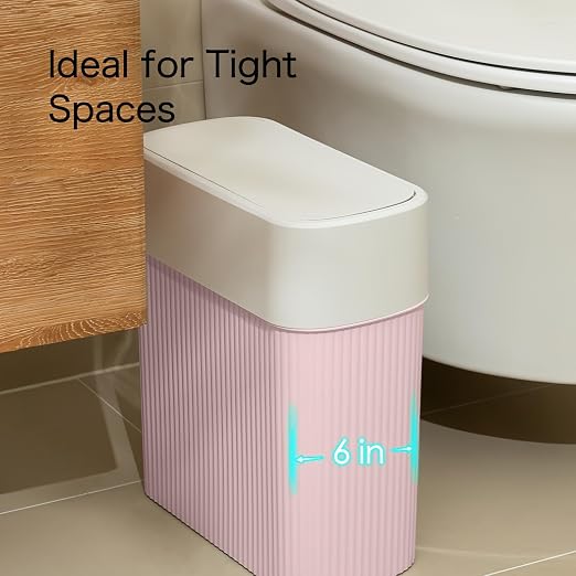 Bathroom Trash Can with Lid, 12L Small Plastic Garbage Can for Kitchen with Press Top Lid, 3.2 Gallon Slim Dog Proof Wastebasket Trash Bin for Office, Bedroom, Living Room, Home Cabinet-Pink
