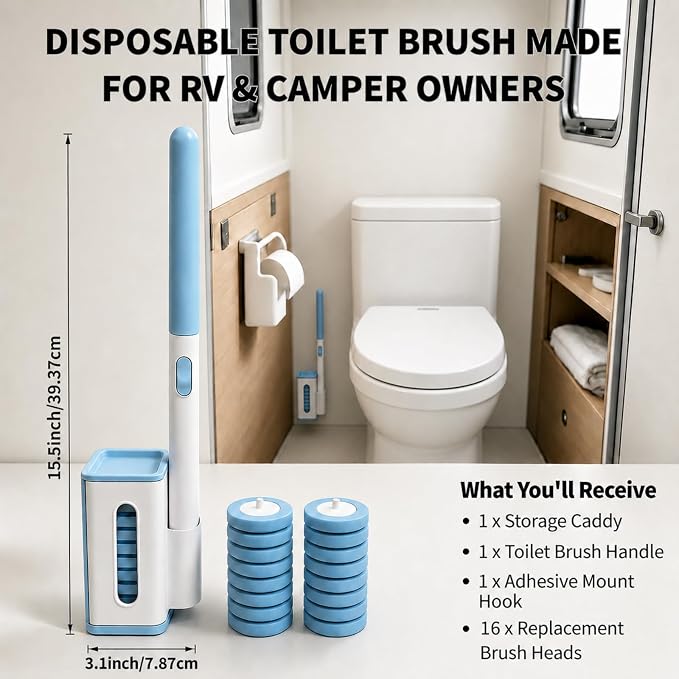 RV Toilet Brush, RV Accessories, Wall Mount Toilet Brush, 16 Toilet Refills | RV Toilet Brush and Holder Set, Hands Free Toilet Brush, One-Button Release, Compact Design, Camper Essentials