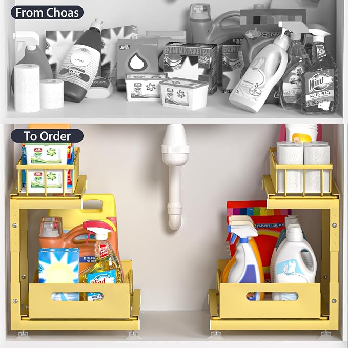 Saydear 2-Pack L-Shaped Under Sink Organizer, 2-Tier Pull-out Cabinet Rack | Gold Height-Adjustable Metal Rack, Sliding Grid Drawers with Safety Stopper, Holds 100 Lbs, Ideal Kitchen Cabinet Storage