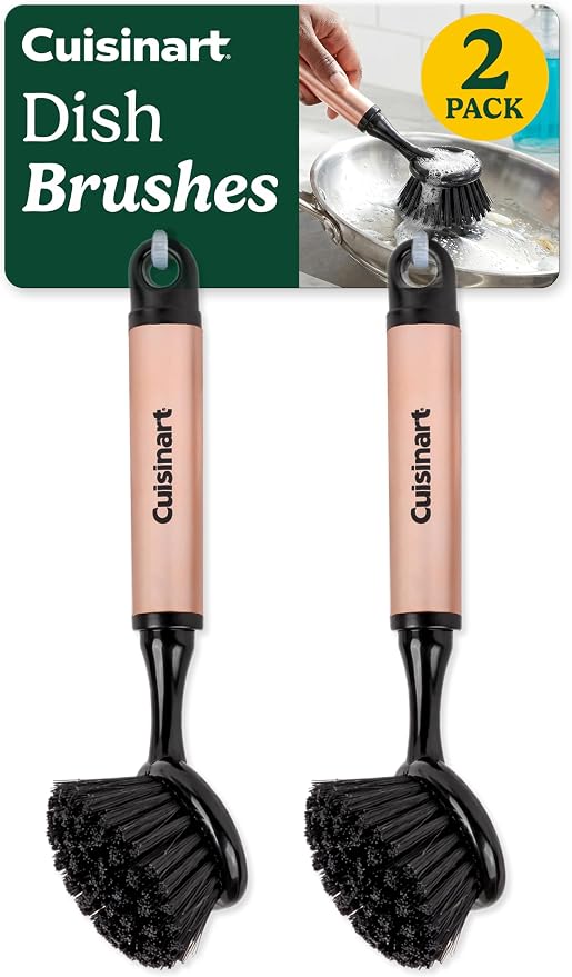 Cuisinart Dish Brush with Handle, 2 Pack, Firm Bristles | Multi-purpose dish scrubber for plates, pots, and pans, deep cleaning removes grease, safe for nonstick, round head