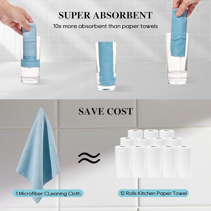Microfiber Cleaning Cloth Roll 90 Pack, 12"×12", Tear Away, Blue & Grey | Tear Away, Reusable, Highly Absorbent, Lint Free,Washable, All-Purpose for Kitchen, Window, Car, Shop