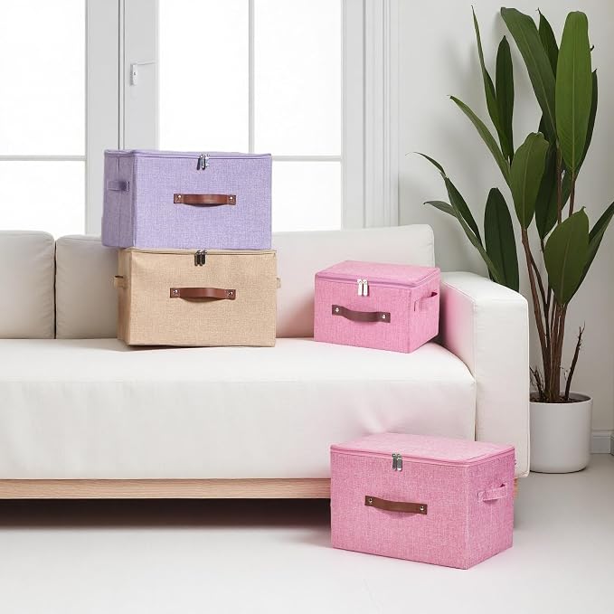 Storage Bins with Zipper Lids Decorative Lidded Baskets Boxes | Clothes Container, Closet Shelf Organizer, Foldable Washable, Cotton Linen Fabric, w/ PU Leather Handles, Pink, Large