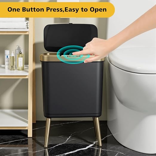 Bathroom Trash Can 4 Gallon, Dog Proof Trash Bin with Press Top Lid, Black Office Waste Basket with Gold Edge, Tall Narrow Garbage Cans for Kitchen, Toilet, Living Room, Bedroom