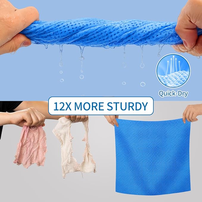 WETQUEEN Upgrade 60 Pack Microfiber Cleaning Cloth Roll - 11.8" x 11.8" Bubbled Reusable Rag for House, Kitchen, Car & Window - Tear Away Dish Rags & Wipe - 1 Roll Replaces 50 Paper Towels - Blue