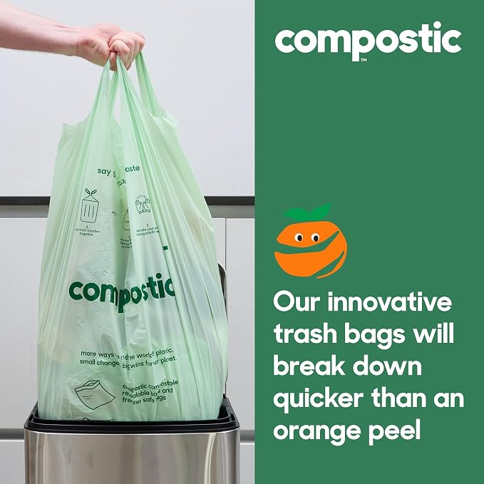 Compostic Compostable Trash Bags, 3 Gallon Small Bathroom & Office (100 Count) Bulk Pack — Extra Strong, Home Compostable, Plant-Based, Non-Toxic Garbage Bags