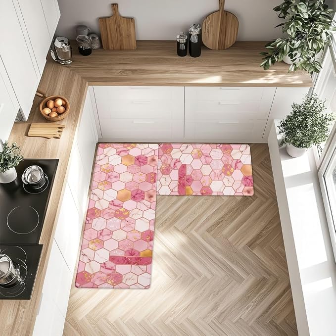 Feelyou Marble Kitchen Mat for Floor Pink Ombre 2pcs Kitchen Rug Geometric Waterproof Non-Slip Rugs for Office Laundry Room Decor Accessories