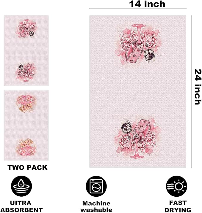 Hanamiya Na 2 Pcs Pink Hand Towels, Nail Polish Decor Reusable Dish Towels | Fashion Gifts for Women Mom Girls Friend, Waffle Weave Microfiber Towels for Bathroom Home Decor 24x14 Inch