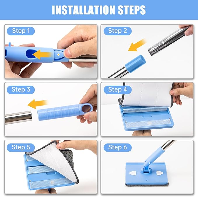 CALBEAU Baseboard Cleaner Tool with Handle, Wall Mop with Squeegee, 8 Pads | 86" Extension Pole, Swivel & Foldable Head, 8 Reusable Pads for Baseboard, Wall, Ceiling, Window, Floor, Light Blue